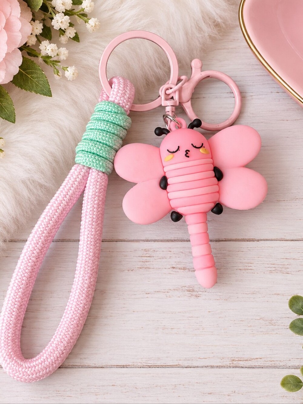Pink Dragonfly Keychain Charm With Wristlet